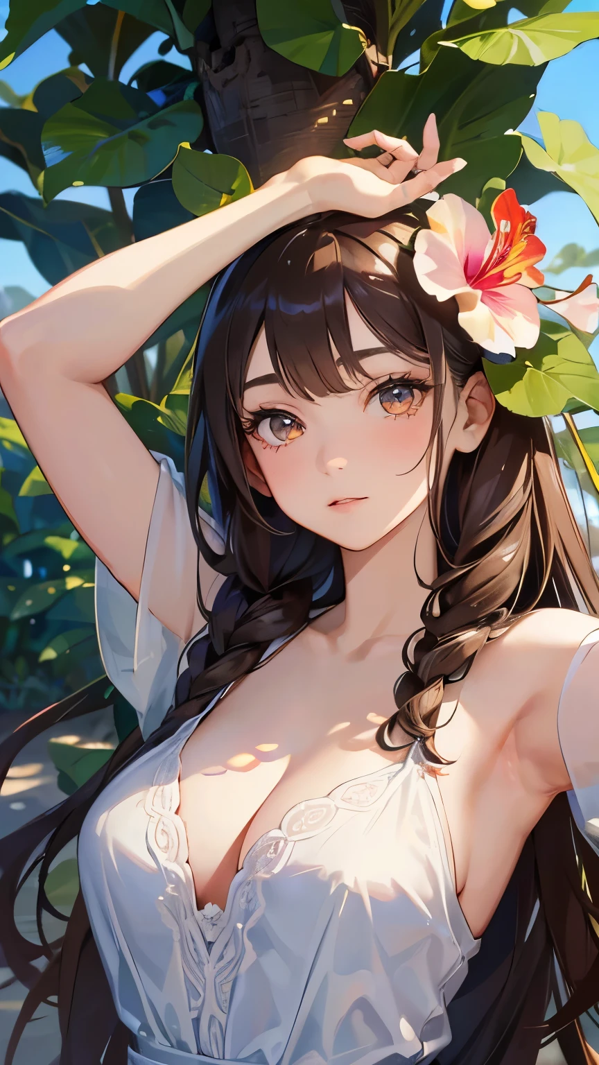 ((best quality)), ((masterpiece)), (detailed), perfect face, ((Best quality, 8k, Masterpiece: 1.3)), Sharp focus A beautiful woman, Highly detailed face and skin texture, Detailed eyes, Double eyelid, A girl with a large flower decoration in her hair, hibiscus, phalaenopsis, dahlia, brown hair, low twin braids, from above, cowboy shot, armpit