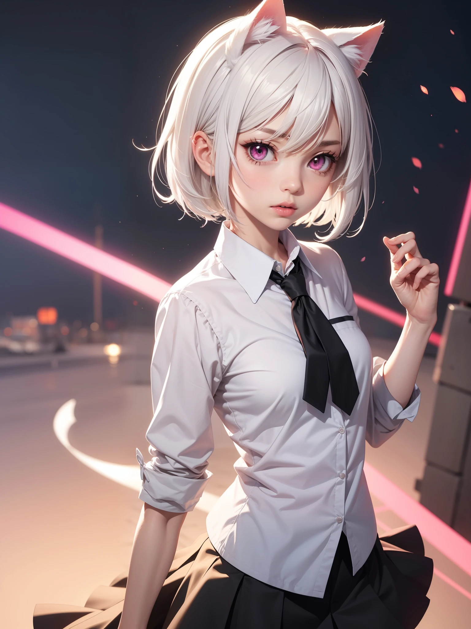 AveTetsuyaTI, 1girl, black footwear, platinum blonde hair, hair over one eye, amber eyes, collared shirt, full body, grey background, jacket, loafers, looking at viewer, necktie, pantyhose, pleated skirt, red necktie, school uniform, shirt, shoes, short hair, skirt, solo, standing, trembling, white shirt, seductive smile, hairclip, fingernails, from side,
masterpiece, best quality, highres, hd, 4k,
3d, blur censor, blurry, blurry background, blurry foreground, bokeh, building, cafe, chromatic aberration, city, depth of field, east asian architecture, film grain, focused, house, library, motion blur, outdoors, photo \(medium\), photo background, photorealistic, pov, stadium, storefront, street, town