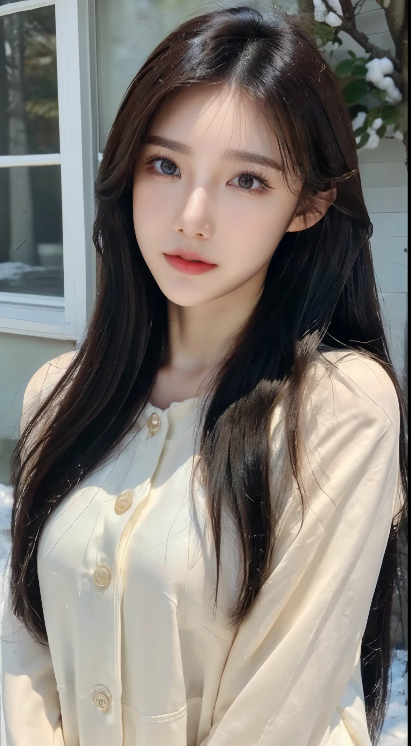 、(Top quality,masterpiece:1.3,Ultra-high resolution,),(Ultra Detailed,Caustic lines),(Photorealistic:1.4,RAW Shooting,)Ultra-realistic capture,Very detailed,High Definition 16K for human skin、 Natural skin texture、、Skin looks healthy and even-toned、 Use natural light and color,A woman,Kawaii,Dark-haired,Medium-length hair,(Depth of Field、Chromatic Aberration、、Wide lighting range、Natural shade、)、(Outdoor lighting at night:1.4)、(Snow Scene:1.2)、(Hair blowing in the wind:1.1)