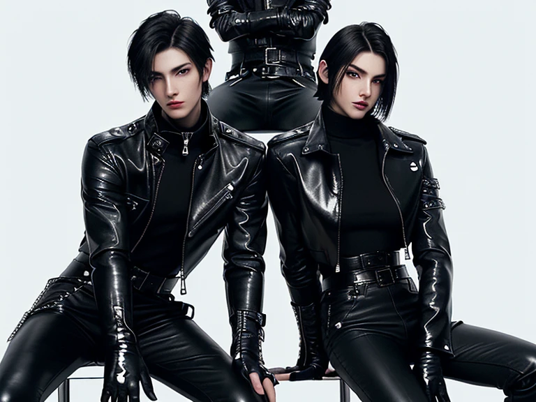 Final Fantasy-style graphics, young, Cute and cool two Japanese boys,borth Thin eyebrows and big eyes, both wearing a shiny white single-breasted leather jacket.......。Biker style leather jacket、 with epaulettes, The jacket is zipped up, The jacket pockets are black., The jacket has a high stand-up collar with a belt, Also wearing a black turtleneck, Black Leather Pants, Thin black leather gloves on both hands, Black leather knee-high lace-up boots, Show me your ((whole body)) from head to toe, Final Fantasy Style、((good looking))、((Age: 20 years old))、((good looking))、((Clear eyes and nose))、((Shiny white color single leather jacket))、((The jacket must be white color.))、((The jacket has epaulettes))、((Jacket has a high stand-up collar and belt))、((The jacket has a black pocket))、((Black turtleneck shirt))、((Black Leather Pants))、((Always wear shiny black leather gloves on both hands))、((Cover all fingers on both hands with gloves))、((Black lace-up leather long boots))、((View full-body images from a distance))、Realistic image quality and texture、In a small cell、((close the eyes))、A kind smile、((The front of the jacket is closed with a zipper))、((No skin below the neck))、((round face)、((Short Hairstyleedium build))、((Upright posture))、((don't sit))、((he handcuffed both hands))