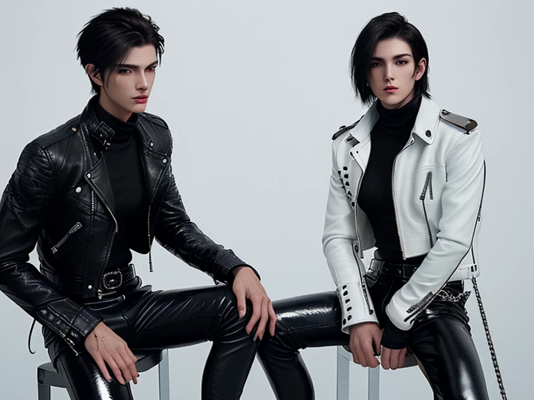Final Fantasy-style graphics, young, Cute and cool two Japanese boys,borth Thin eyebrows and big eyes,   both wearing a shiny white single-breasted leather jacket.......。Biker style leather jacket、 with epaulettes,  The jacket is zipped up, The jacket pockets are black., The jacket has a high stand-up collar with a belt, Also wearing a black turtleneck, Black Leather Pants, Thin black leather gloves on both hands, Black leather knee-high lace-up boots, Show me your ((whole body)) from head to toe, Final Fantasy Style、((good looking))、((Age: 20 years old))、((good looking))、((Clear eyes and nose))、((Shiny white color single leather jacket))、((The jacket must be white color.))、((The jacket has epaulettes))、((Jacket has a high stand-up collar and belt))、((The jacket has a black pocket))、((Black turtleneck shirt))、((Black Leather Pants))、((Always wear shiny black leather gloves on both hands))、((Cover all fingers on both hands with gloves))、((Black lace-up leather long boots))、((View full-body images from a distance))、Realistic image quality and texture、In a small cell、((close the eyes))、A kind smile、((The front of the jacket is closed with a zipper))、((No skin below the neck))、((round face)、((Short Hairstyleedium build))、((Upright posture))、((don't sit))、((he handcuffed both hands))