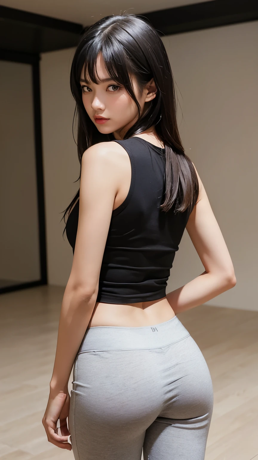 (((Backwards:2.0, Face your buttocks towards the camera:2.0, Accentuate your butt:2.0))), ((Clothing:1.8)), (((Shadow of the shape of fullback panties:2.0, Black long sleeveless T-shirt:2.0, White track pants:2.0))), 1 Girl, solo, ((Medium Hair:1.2, A grin:1.2)), 18-year-old, 7 heads, Ideal body proportions, Black Hair, With bangs, Small breasts, slender, Small Ass, Beautiful feet, Skinny Legs, Surrealism, Cinematic Lighting, Depth of written boundary, First Person View, F/1.8, 135mm, Ticker, Mastepiece, Curate, ((Anatomically correct:1.3)), Textured skin, Super Detail, High detail, High quality, Awards, Best Quality, High resolution, 8K