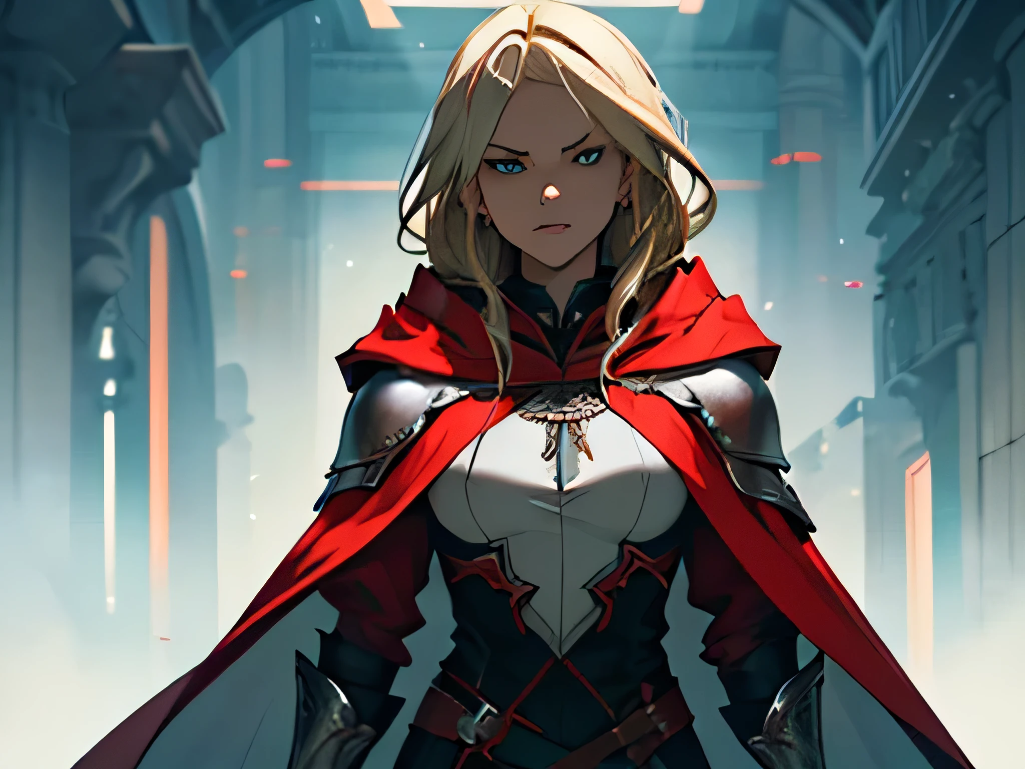 (Super detailed:1.3), ((((best quality)))), ((masterpiece)), female focus, solo,hotify, stunning beauty, powerful glow, no background,((platinum blonde hair)),long hair, red robes with a hood, wearing armor over the robes,green eyes, caucasian skin,wielding a massive sword,serious expression,battle-ready stance,((older woman)),(((wearing hood)))