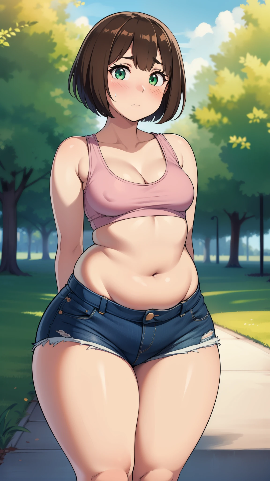 ((highres)), Masterpiece, high quality, best quality, beautiful, perfect lighting, detailed face, ultra cute face, cowboy shot, ((1girl)), ((solo)),
Short hair, fluffy hair, brown hair, green eyes, ((blush)), nervous, shy, looking at viewer, arms behind back, crop top, shorts, ((thick thighs)), (wide hips), (chubby), chubby belly, bottom heavy, cleavage, (small breasts),
20 year old female, standing in a park, (park), daytime,