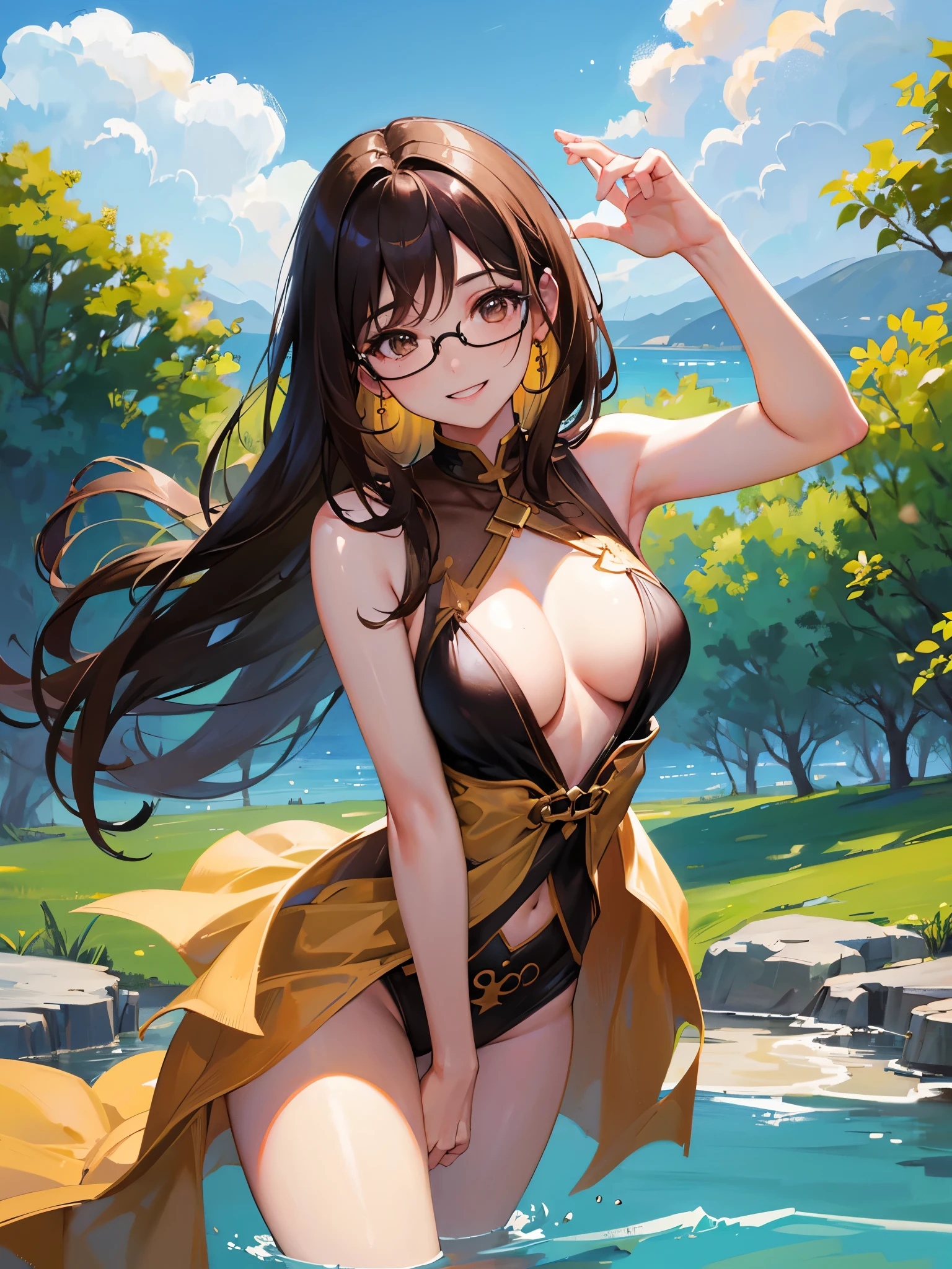 1 Female、Brown hair、Brown Eyes、Best Quality、Super detailed、8 Resolution、Raw photo、Mastepiece、Perfect Body、high resolution、highest quality、Detailed drawing、Vibrant colors、lure、smile、Long Hair、Black-rimmed glasses、Captivating breasts、Summer landscape