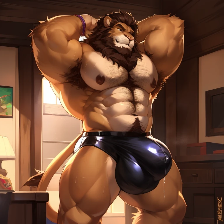 Muscular, lion, handsome, mega bulge, big biceps, hairy body, hairy armpits, hairy chest, big biceps, big thighs, huge pecs, hard abs, hot, sweaty, mega muscles, por darkgem, por mystikfox61, por el chico trampa brillante, curly hair, outgrowing room, hyper long bulge, bearded, outgrowing room, precum in bulge, leather underwear, old adult, exaggerated inmense bulge, hyper bulge, huge bulge