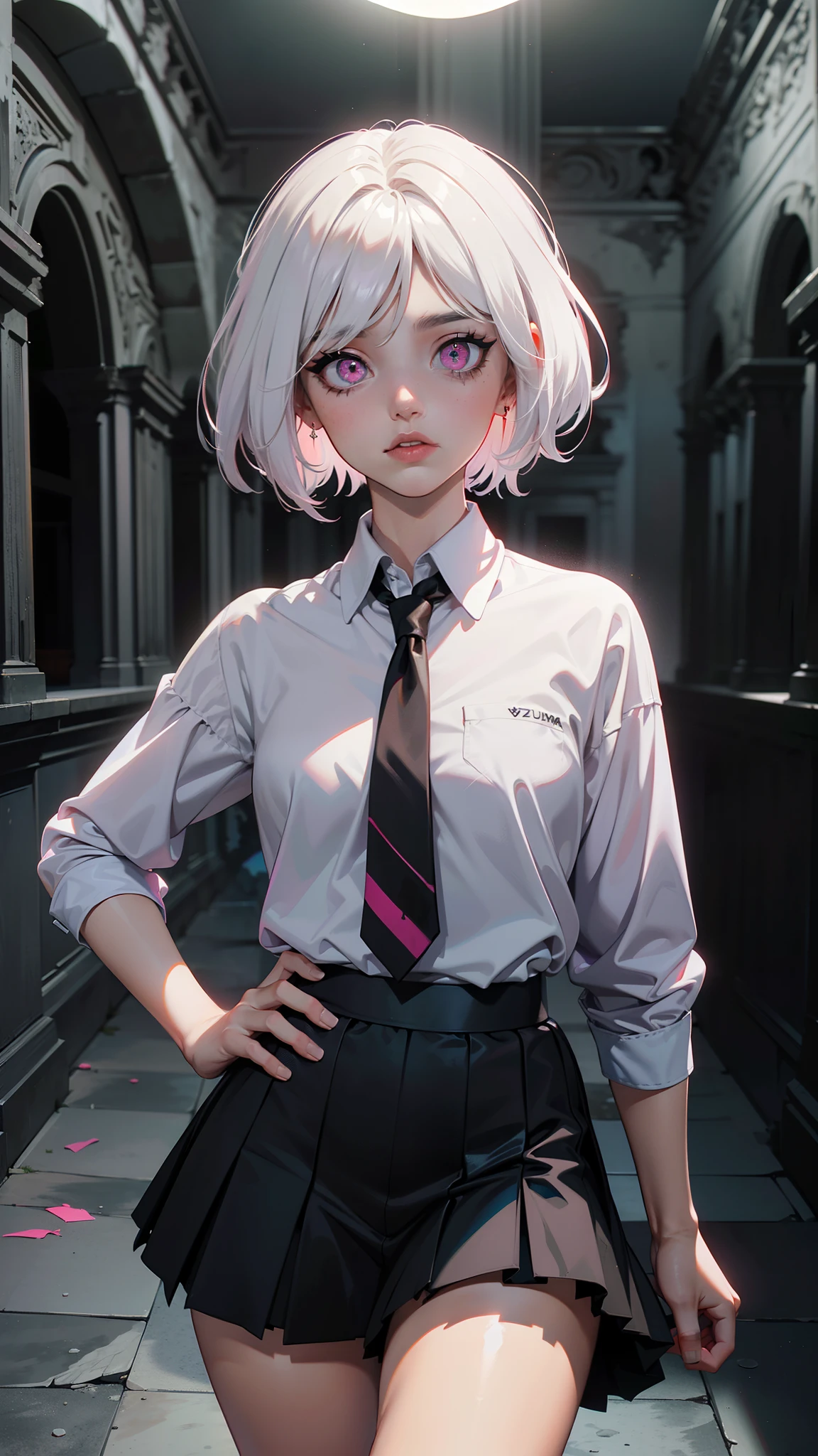 White hair. Short hair. Anime girl. Pink eyes. Glowing eyes. Nekomimi. White clothes. Black skirt. Pink tie.,(Fondo de ruinas de mazmorra en ruinas:1.4 ), (Obra maestra: 1.4), (8K, realista, foto cruda, La mejor calidad: 1.4),
