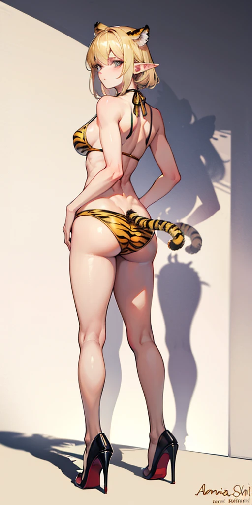 (plain background, masterpiece, best quality, ultra-detailed, best shadow, best rendering: 1.2) (1girl) (gorgeous elf girl, Ana Nicole Smith) (bomb, pin-up style) female blonde in yellow bikini with tiger stripes on it, abs, full body, tanned skin, high heels, tiger tail attached to the ass