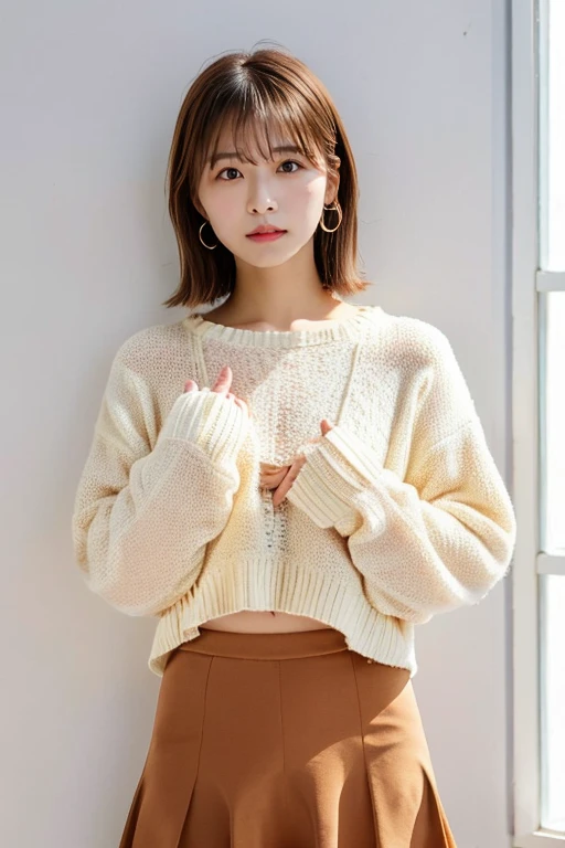 (highest quality, 4K, 8k, High resolution, masterpiece:1.2), Brown Hair、ponytail、short hair。She holds up her frilly skirt with both hands、Showed panties.。panties are elegant white。The jacket is a fluffy white sweater。Her breasts are big and beautiful.。Flip up your skirt with both hands.。Jacket is a sweater。Show me your pants。Even more embarrassing, I grabbed my skirt with both hands、I gently lifted it up.。
