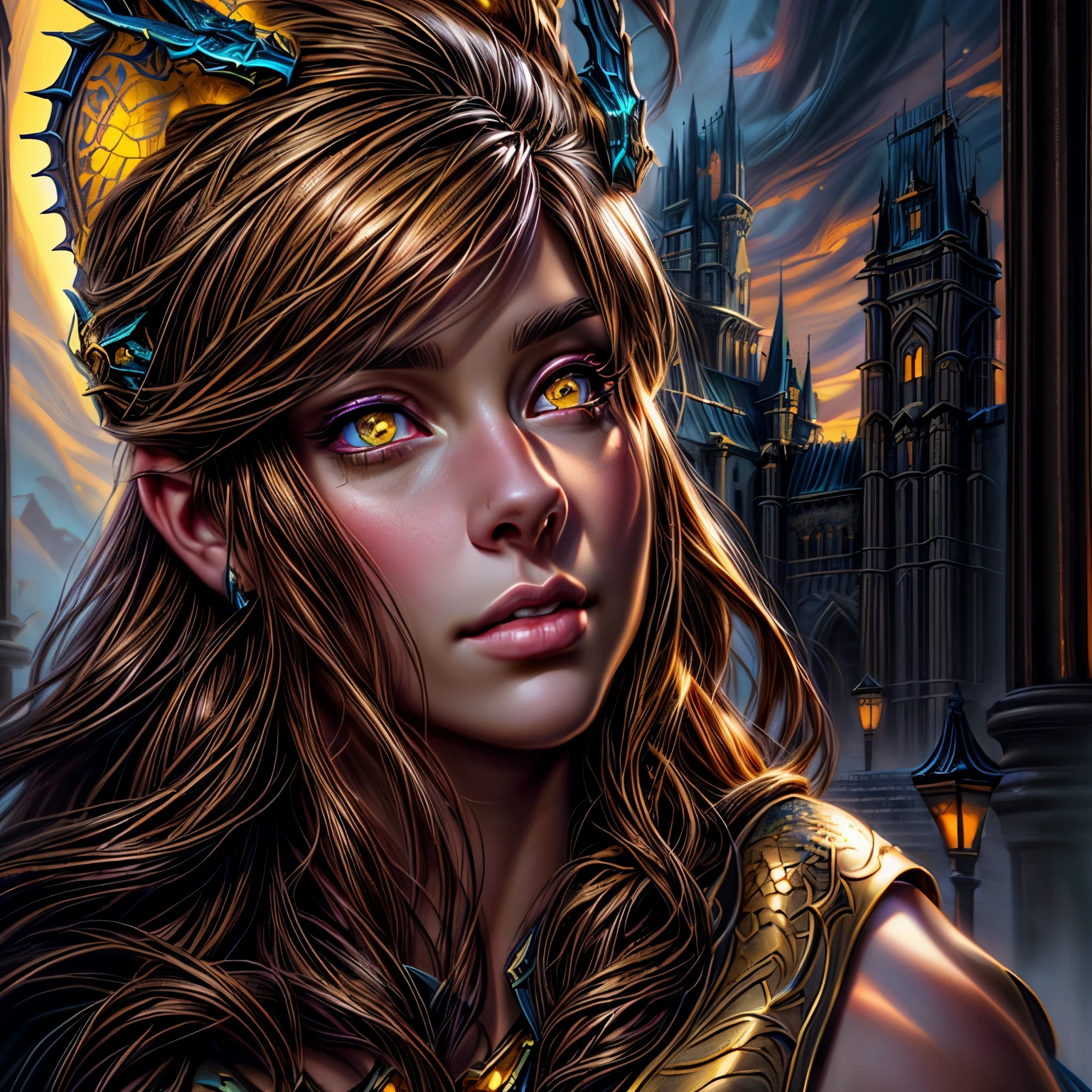 brunette with yellow eyes with dragons in front of the castle, detailed matte fantasy portrait, realistic fantasy illustration, fantasy style portrait, detailed fantasy digital art, beautiful fantasy style portrait, fantasy portrait, beautiful fantasy portrait, charming digital painting, Realistic fantasy work, fantasy portrait art, realistic fantasy painting, fantasy character portrait, digital painting in fantasy style, gorgeous digital painting