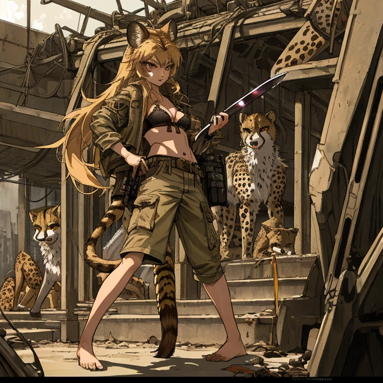 Cheetah furry girl, apocalypse, long hair, feet, bra, cargo shorts, tail, claws, barefoot, knife in hand, high quality,
