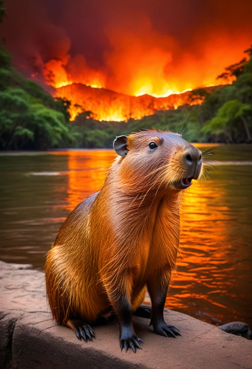 Uma detalhada, realistic portrait of a capybara sitting by the river, olhando com tristeza para uma floresta ao longe. The forest is engulfed in flames, casting an orange and red glow over the scene. The capybara's fur is smooth and shiny, e seu grande, round eyes reflect the sadness and helplessness you feel. O rio corre calmamente ao lado dele, contrasting with the chaos and destruction of the burning forest. Lighting and shadows are carefully rendered, criando um clima de melancolia e perda.