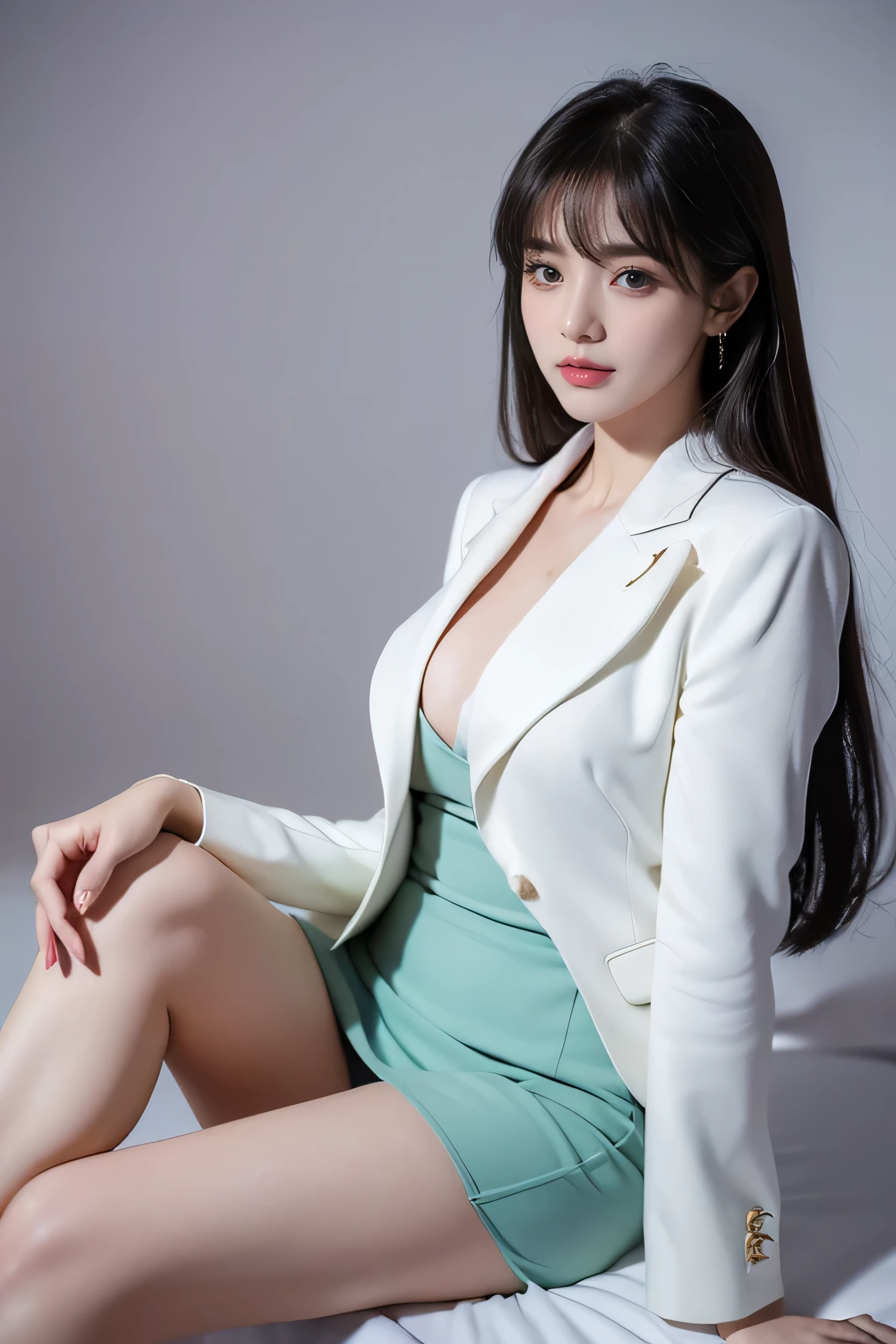 tmasterpiece,Best quality,A high resolution,8K,(Portrait photograph:1.5),(Head close-up),(ROriginal photo),real photograph,digital photography,(Girls in the workplace),(Female president),20-year-old girl,random hair style,By bangs,(green-eyed),Serious and obsessed with breasts, accessories,Keep one's mouth shut,elegant and charming,Serious and arrogant,Calm and handsome,(Women's professional attire),Photo pose,Realisticstyle,gray world background,oc render reflection texture,full body view.