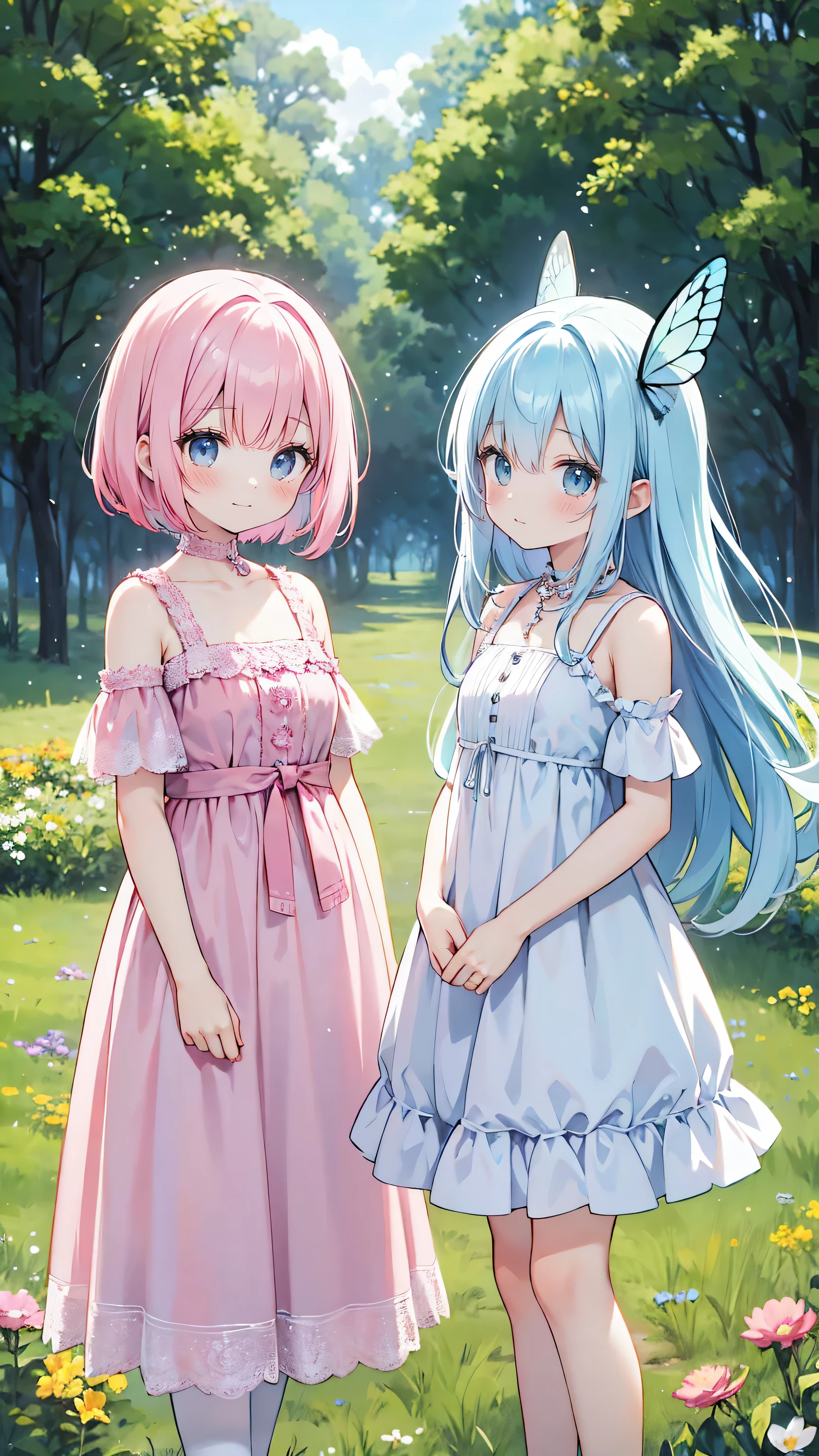 Two pure and innocent girls,10 years old、2 people(Pink-haired person、1 Name Light Blue Hair)、Cute face、Beautiful Eyes、White skin、Natural Beauty、Warm sunshine、Wildflowers swaying in the wind々Surrounded by、Enjoying time in the fields。Butterflies and birds flutter around her、Creates a playful atmosphere、Silk one-piece dress、