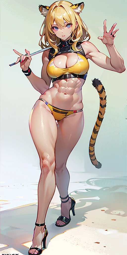 (8k), (photorealistic:1.4),best quality, ultra high res, highly detailed eyes, 1girl, sexy pose, cleavage cutout, female blonde in yellow bikini with tiger stripes on it, abs, full body, tanned skin, high heels, tiger tail