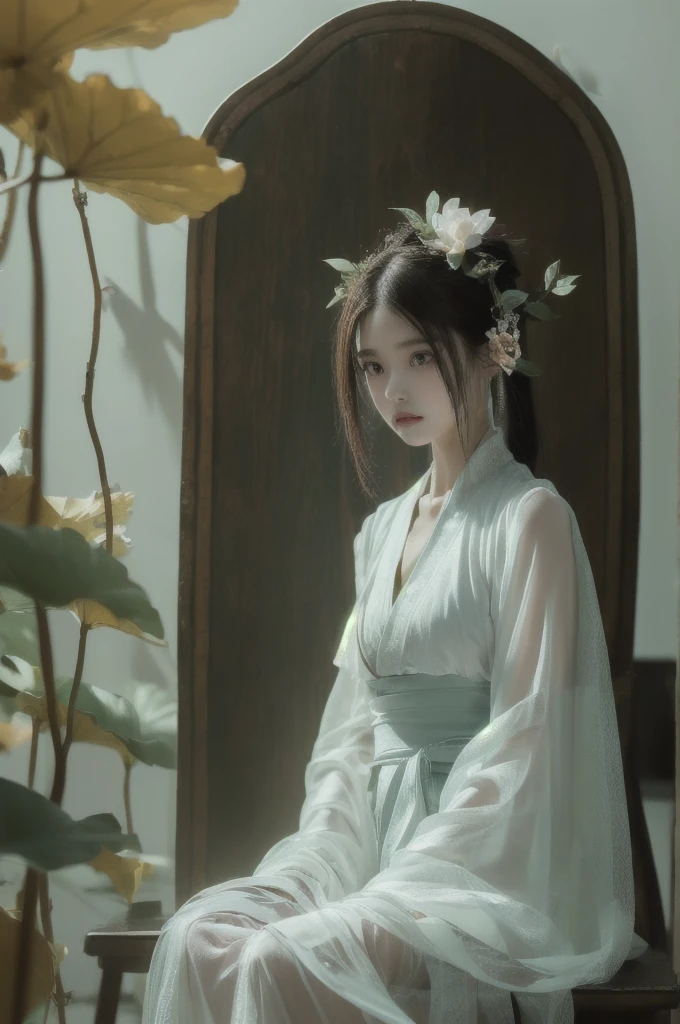 1girl, solo, white Hanfu, circular mural, stone, half body close-up, (sitting on the Grand Tutor's Chair:1.6), autumn theme, indoor, simple background, cinematic feeling, sense of scale and narrative, ethereal scene, peaceful loneliness, stunning contrast and shadow, photography, super reality, bright colors, superlight compensation, depth of field, caustics, 8k, super detail, masterpiece