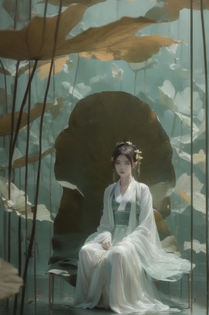 1girl, solo, white Hanfu, circular mural, stone, half body close-up, (sitting on the Grand Tutor's Chair:1.6), autumn theme, indoor, simple background, cinematic feeling, sense of scale and narrative, ethereal scene, peaceful loneliness, stunning contrast and shadow, photography, super reality, bright colors, superlight compensation, depth of field, caustics, 8k, super detail, masterpiece