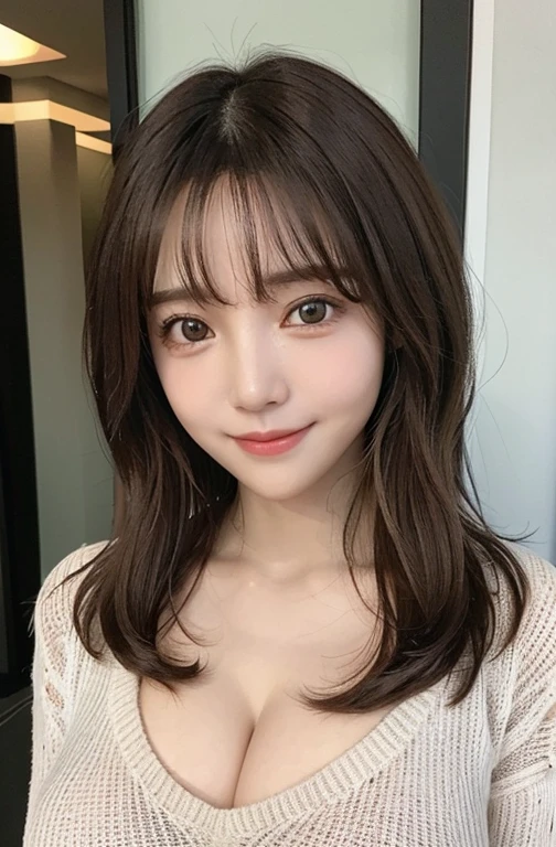 young woman , golden eyes ,smile, color sweater , huge breast ,photo, realistic , (emphasize detailed face:1.2), v-neck, beautiful bangs are covering her eyes