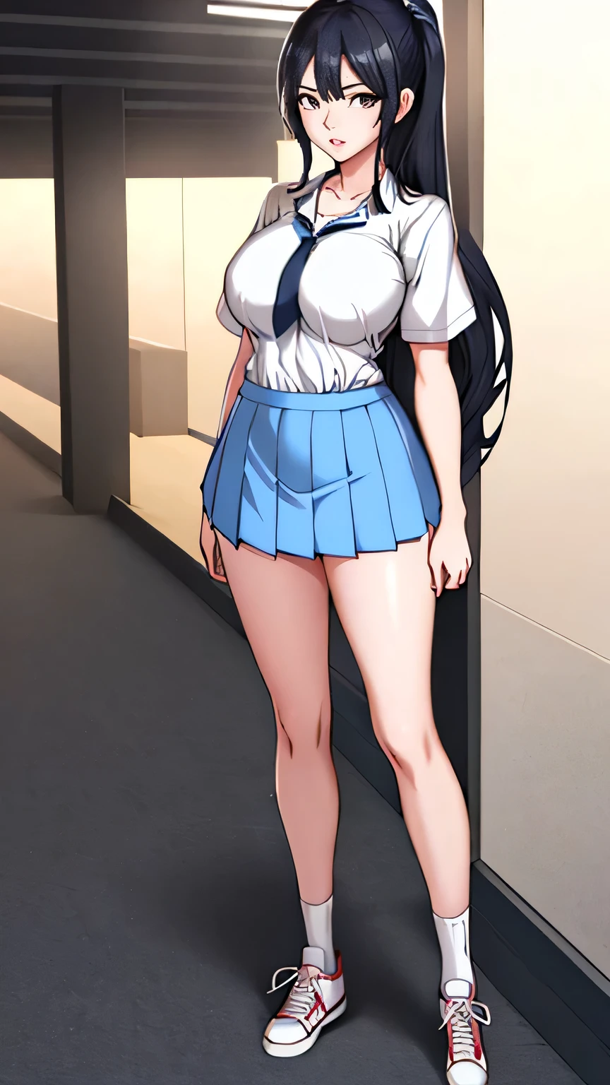 (best quality:1.5, highres, UHD, 4K, detailed lighting, ((ultra high quality)), ((ultra detail)), 1 girl solo, anime girl with ponytail and tie in a, black hair, anime moe artstyle, as an anime character, wearing , wearing a , nagatoro, an anime girl, cel shaded anime, wearing japanese , Ezra scarlet, beautiful anime high school girl, ((uniform high school)), wearing short sleeve white shirt white tie, female anime character, anime character, in an anime style, ((full body)), converse, converse high, (medium breasts), highly detailed face, cool, tomboy