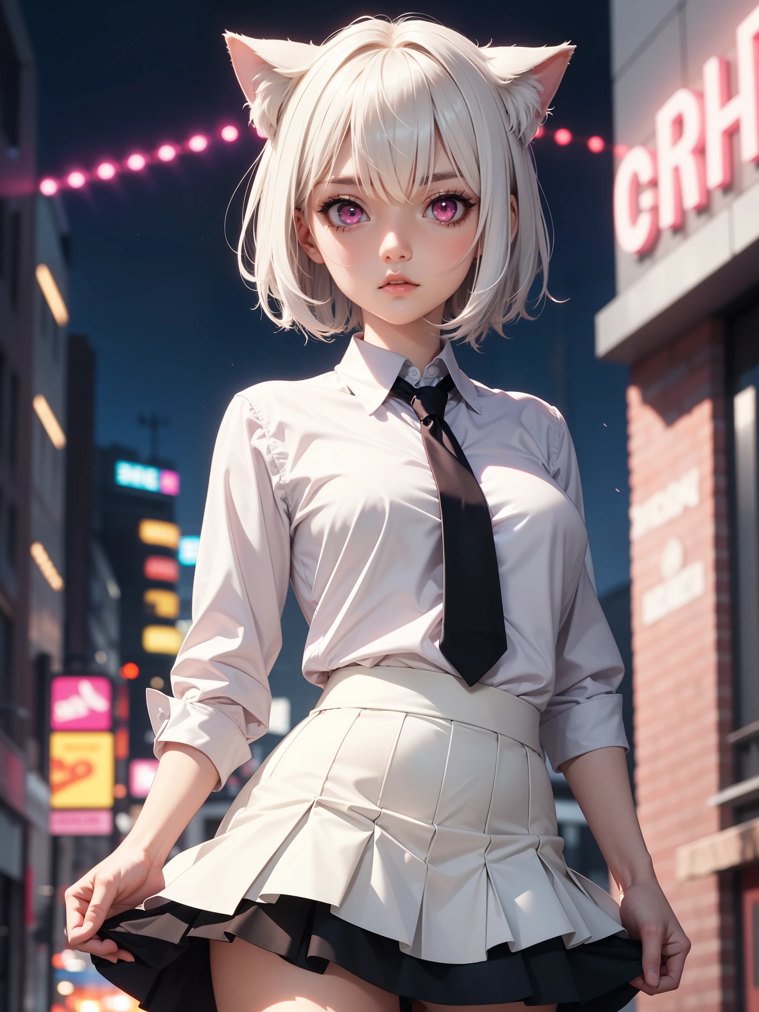 White hair. Short hair. Anime girl. Pink eyes. Glowing eyes. Nekomimi. White clothes. Black skirt. Pink tie.