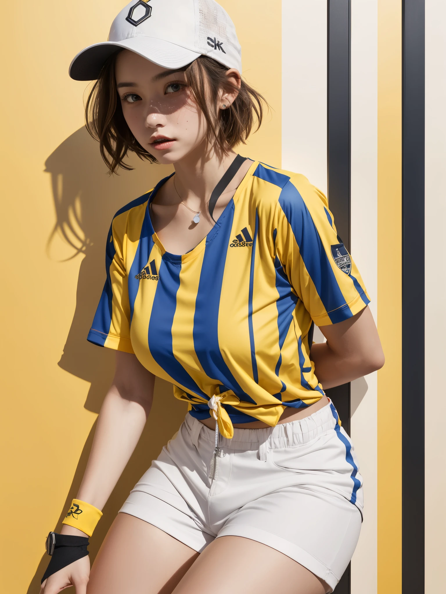 girl wearing vertical stripes pattern sports jersey, BREAK, 1girl, (yellow vertical stripe shirt jersey:1.2), short sleeve, detailed face, red cap, backwards hat, short hair, whistle surrounding neck, white shorts, tied shirt, wristband, full breasts, thigh, collarbone, large breast,