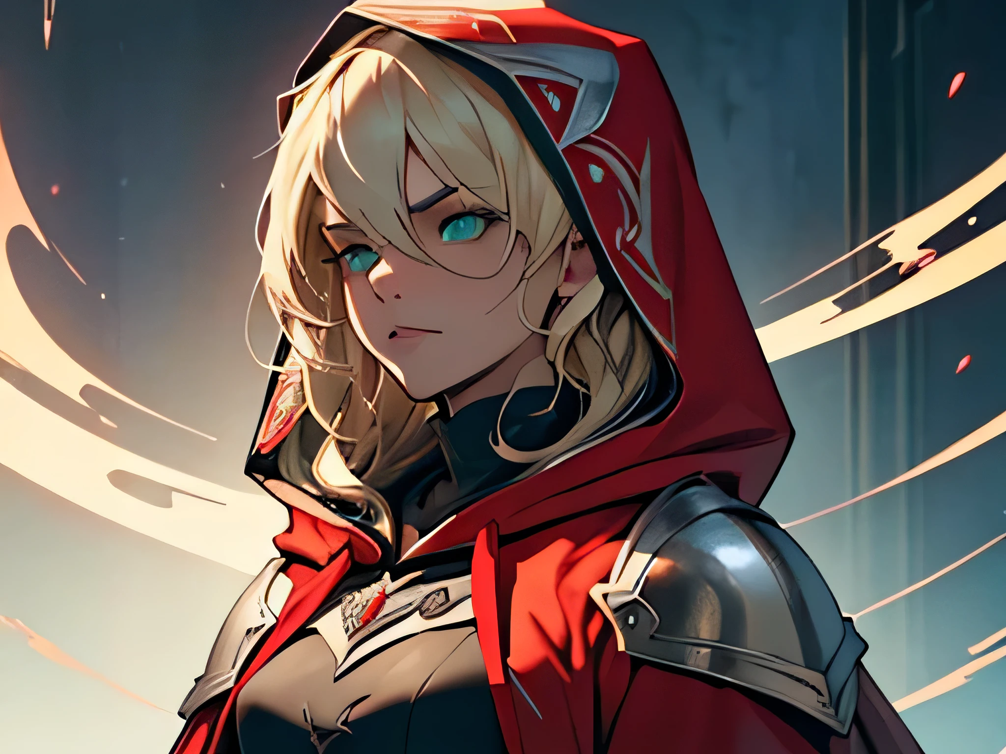 (Super detailed:1.3), ((((best quality)))), ((masterpiece)), female focus, solo,hotify, stunning beauty, powerful glow, no background,((platinum blonde hair)),long hair, red robes with a hood, wearing armor over the robes,green eyes, caucasian skin,serious expression,((older woman)),((((wearing hood:1.1))))