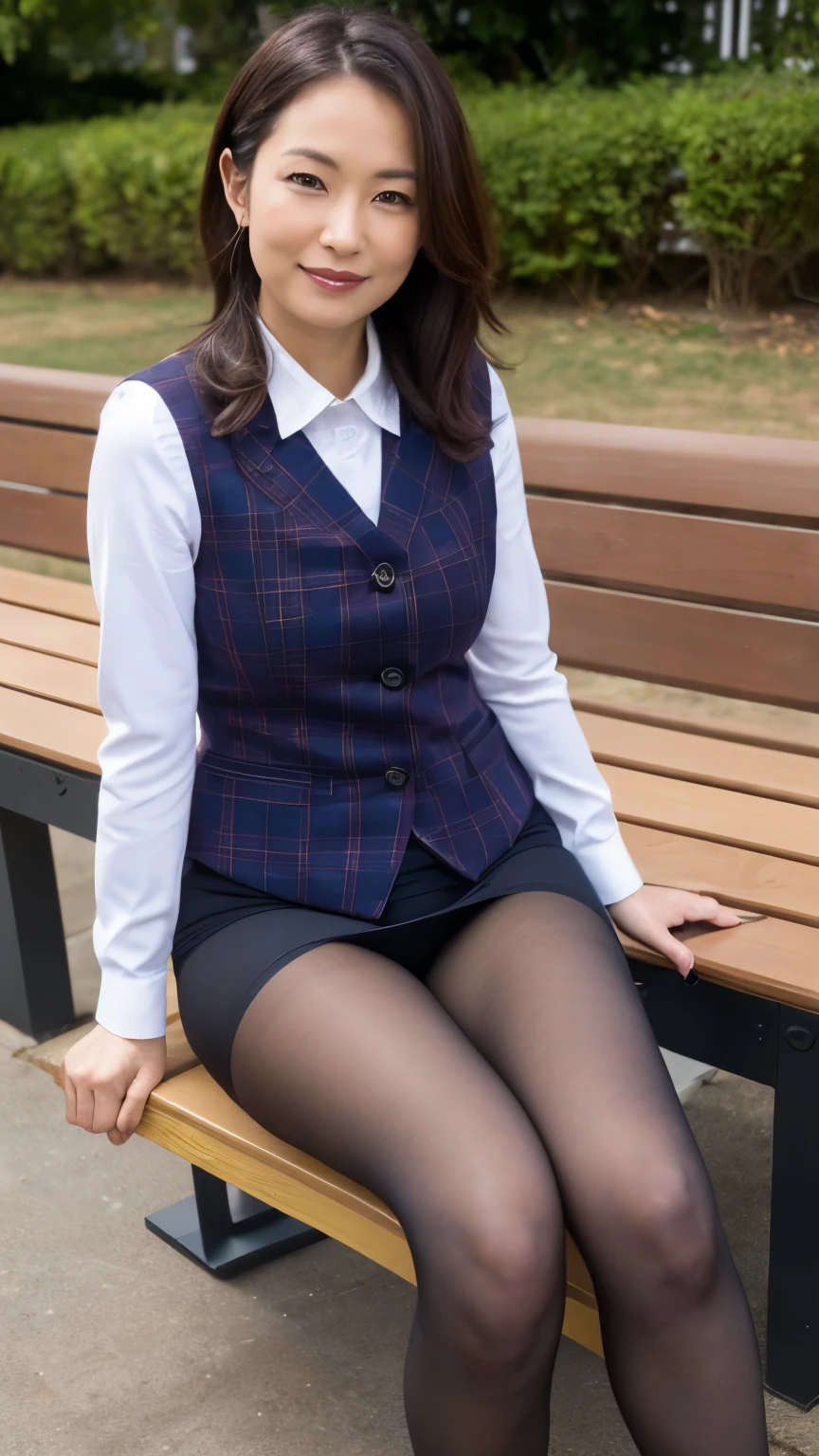 Ulchan-6500-v1.1, (RAW photo:1.2), (Photoreal), (genuine:1.4), 1girl、perfect anatomy、48 years old、medium long hair、plaid vest、((sitting on the bench:1.3))、(super realistic pantyhose:1.2), (high heels)、(business services)、