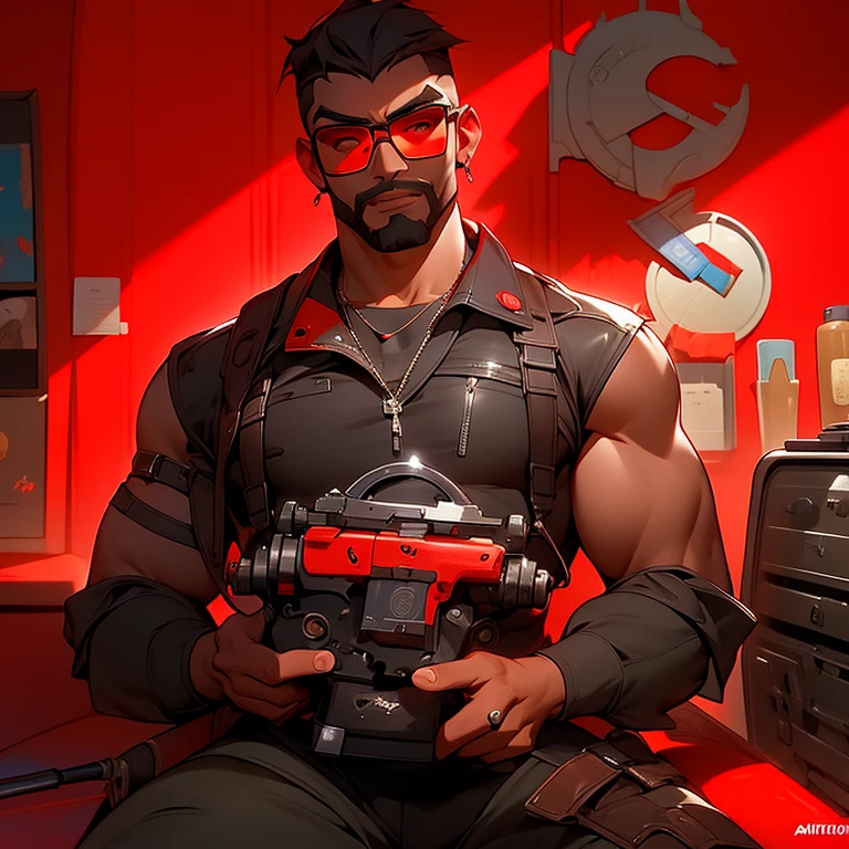 a man standing in front of a red background, baptiste from overwatch, trending on artstatio, dark brown skin, giga chad capaybara, cute artwork, uwu hi-fructose, gunbroker, add text: auto repair, dating app icon, william goddard poster, cart, jake parker, black main color, instagram art