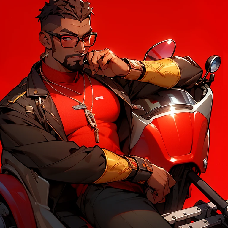 a man standing in front of a red background, baptiste from overwatch, trending on artstatio, dark brown skin, giga chad capaybara, cute artwork, uwu hi-fructose, gunbroker, add text: auto repair, dating app icon, william goddard poster, cart, jake parker, black main color, instagram art