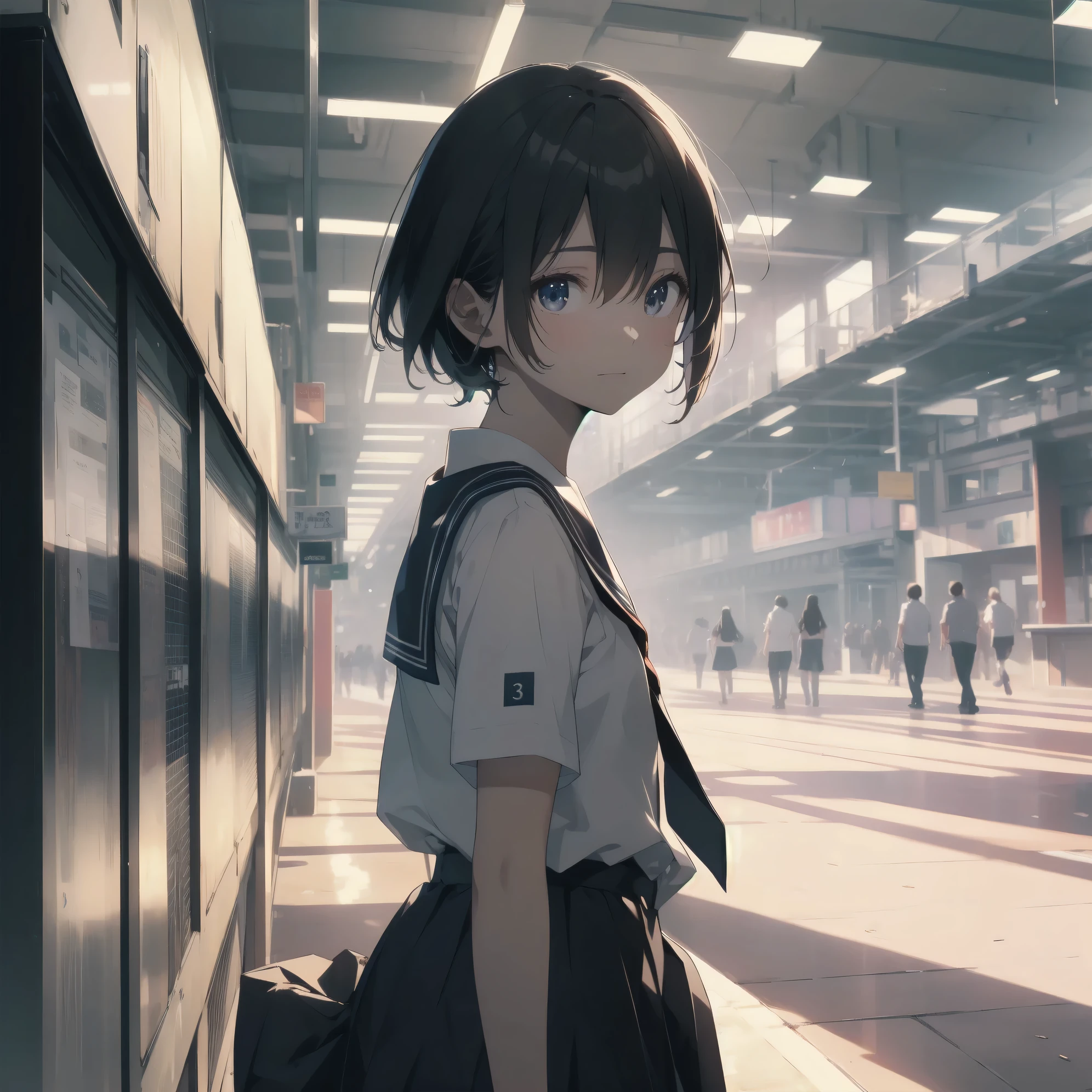 ultra-absurdres-Top quality by artist God, ultra-detailed, high resolution, anime moe artstyle, best anime 8k konachan wallpaper, pixiv contest winner, pool:2810, perfect ???????,break, 1girl, (Please draw a girl walking to school alone. )break,(Solo,little female, 13-year-old:1.3),Full limbs, complete fingers,a junior high school student, (very short hair), short cut, flat chest, , small butt, small black eyes, beautiful detailed eyes, well-proportioned iris and pupils, expressive eyes, highres detailed hair, soft expression, school_uniform, serahuku, neckerchief, shirt, short sleeves, pleated skirt,(Detailed Lighting), (Detailed background), in the School commute route. break,super detailed skin, Best cinematic lighting powered by famous artist, 8k,beauty illustration,photoshop_(medium),very aesthetic,break,((artist:dd_(ijigendd) )), artist:bolze ,artist:oyari ashito ,artist:kantoku ,