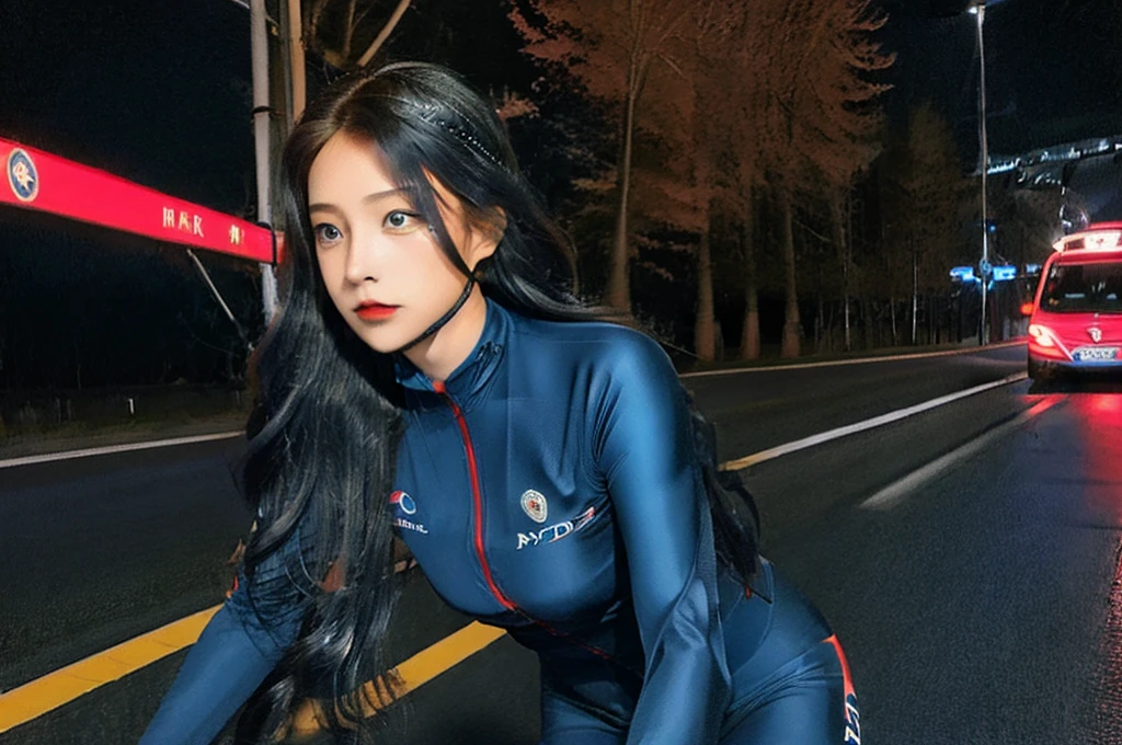 (((Road cycling woman))), (((with long hair))), red eyes, ((dark blue suit)), ((cycling suit)), in road speed, 