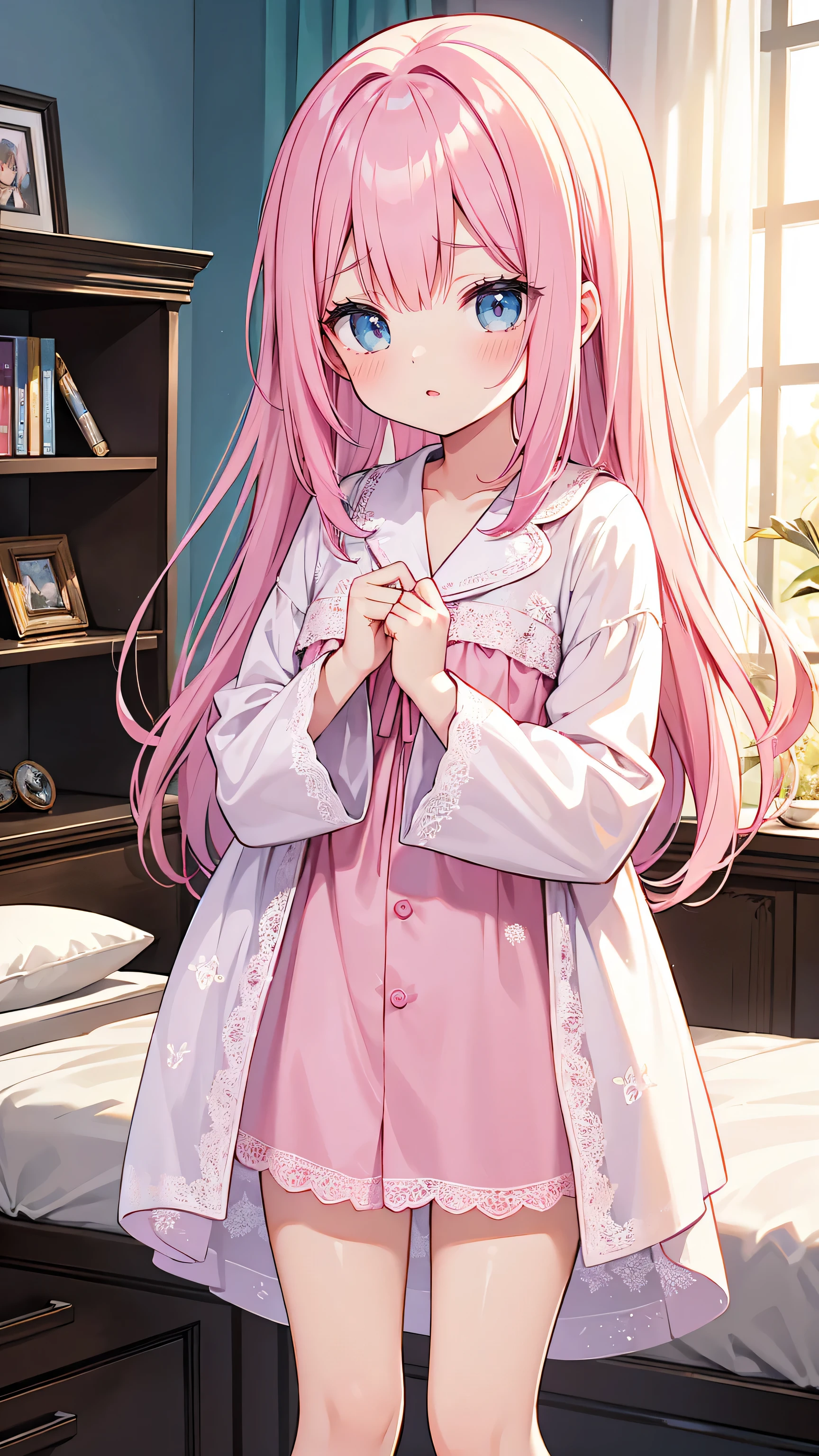 ((masutepiece，Top image quality，Best Quality，8K，​masterpiece))girl1，A pink-haired，Pink eyes，Long，Plain baggy long-sleeved pink white border nightgown，Lori，kindergarten student，((Upper body only))，1人，I'm holding a stuffed animal