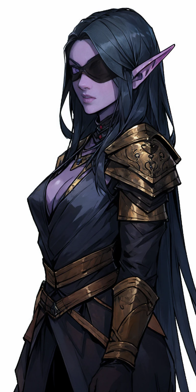 black blindfolded female drow elf slave wearing an adventurer outfit (very purple skin)