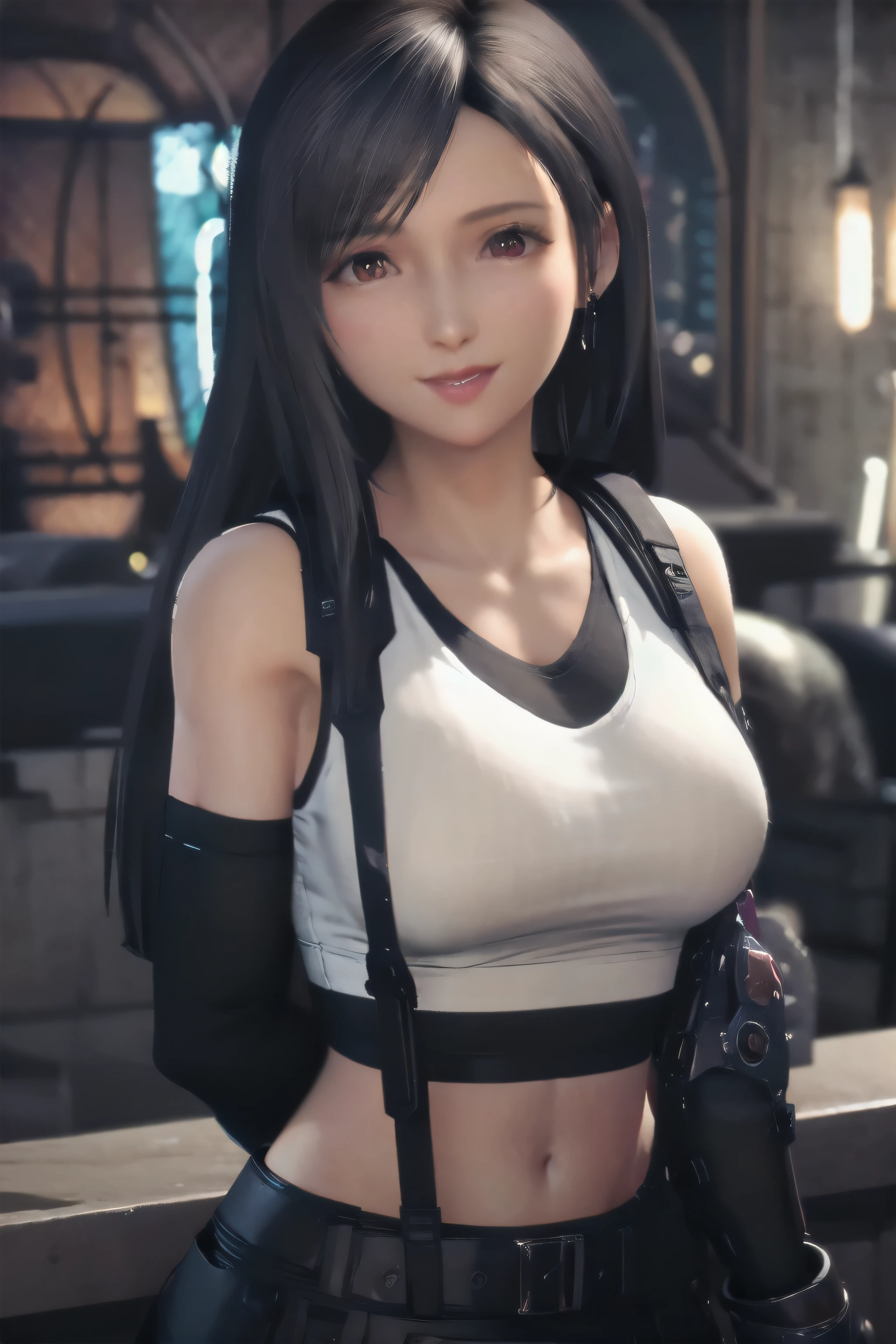 Tifa Lockhart, Tabletop, highest quality, Deftifa, White crop top, Elbow pads, Fingerless gloves, suspenders, Pencil Skirt, Upper Body, View your viewers, Leaning forward, smile, bar counter, City of night