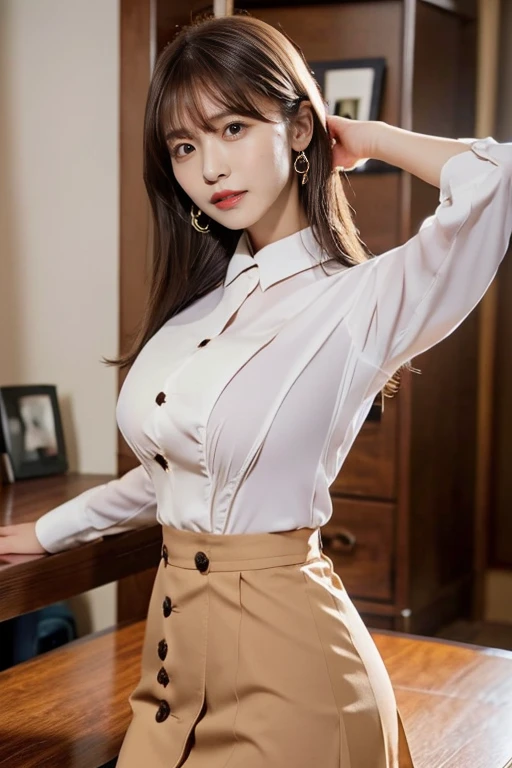 (highest quality, 4K, 8k, High resolution, Tabletop:1.2), Brown Hair、Beaver、Her breasts are beautiful and large。study。Pressing her big tits against the desk。Dress code: A loose-fitting shirt.。Open some buttons。uniform、skirt、Unbelievably big