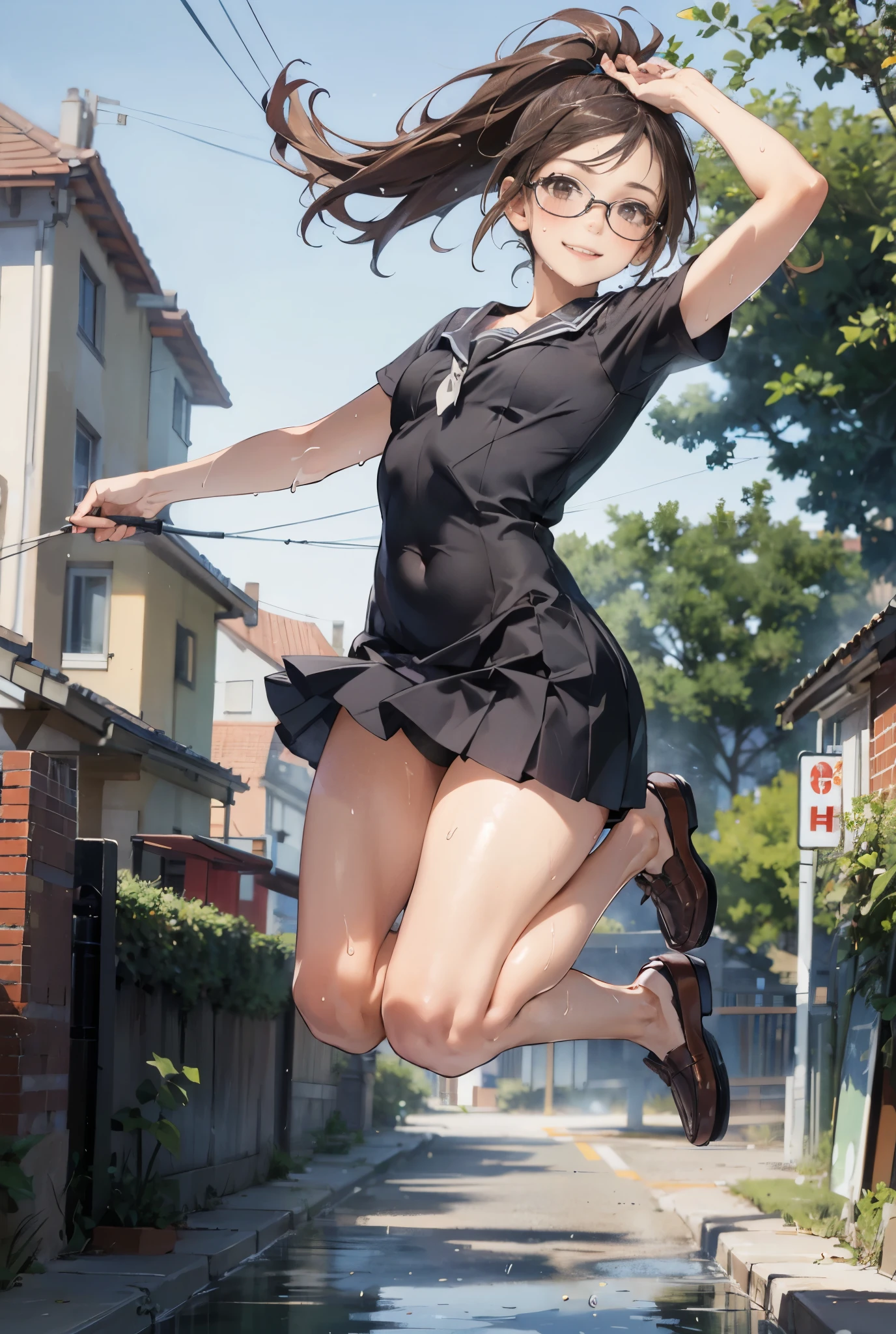 (super flat, flat shading), Honors Type, Really blushing, , high school girl, wearing short sleeves one-piece dress:1.5, mini skirt fluttering in the wind, Loafer, ponytail brown hair, Glasses, sweaty healthy body, sweaty soaking wet full body, smile, bare legs, armpit, navel, ultra realistic, early morning, breeze, (jumping:1.2), in crowded public street, 