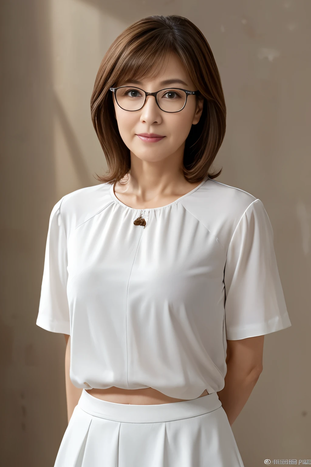 Masterpiece、highest quality、masterpiece、High resolution、Photorealsitic、RAW Photos、8k wallpaper、perfection、Professional Lighting、Very detailed、Depth of written boundary、Gray background、((1 beautiful mature woman))、((45 years) old))、Sexy women、Detailed face、Beautiful Eyes、bangs、Shapely small breasts、Light brown straight hair、Thin lips、Glasses with metal frames、((Stand in front、stare、Serious face))、Thin white blouse、White Skirt、Cowboy Shot