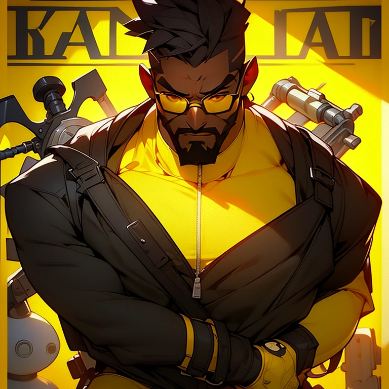 a man standing in front of a yellow background, baptiste from overwatch, trending on artstatio, dark brown skin, giga chad capaybara, cute artwork, uwu hi-fructose, gunbroker, add text: auto repair, dating app icon, william goddard poster, cart, jake parker, black main color, instagram art