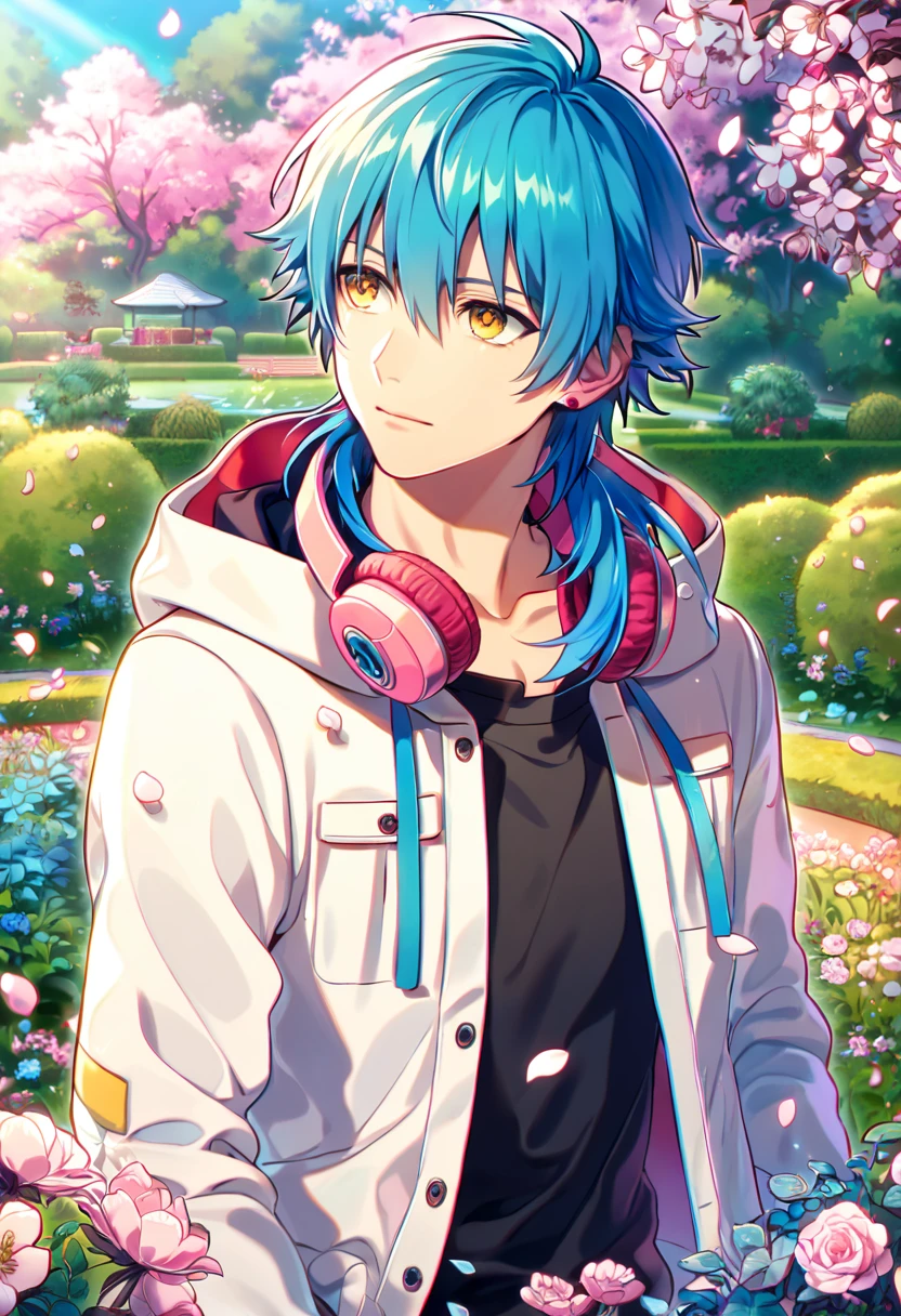 absurdres, highres, ultra detailed, HDR, masterpiece, Seragaki Aoba, blue hair, expressive yellow eyes, Dramatical Murder, white jacket with a hood, black shirt, pink earphones around his neck, designed with decorations such as blue leaves, blossoms and birds, 1man, handsome, garden, petals