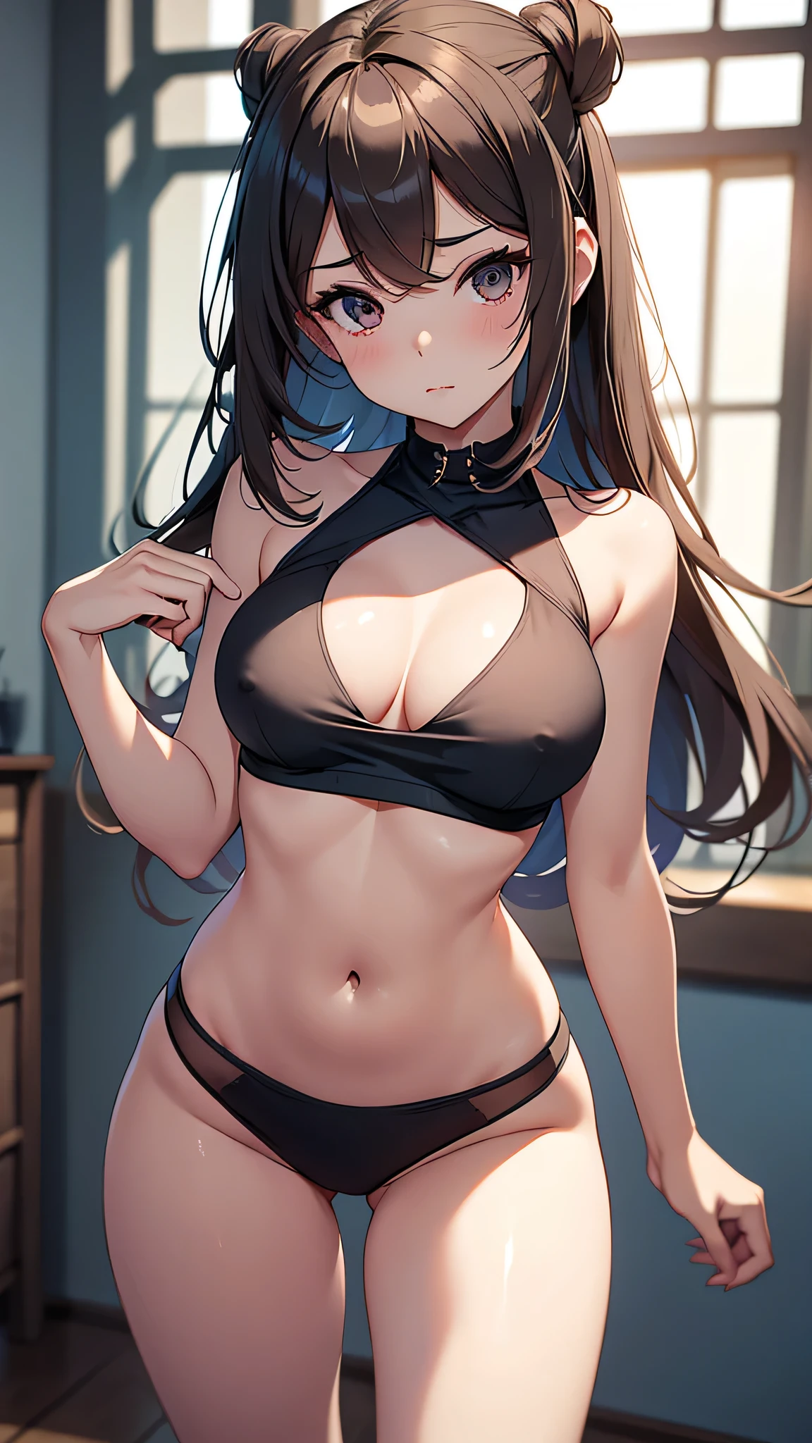 una chica joven muy atrevida alzando su minifalda, showing the viewer his body, poorly placed fire croptop showing part of her medium-sized firm breasts, piernas abiertas, pose sexy,se ven los pezones, sin censura y nsfw, +18, pretty girl possessed by debauchery, literally hot girl,