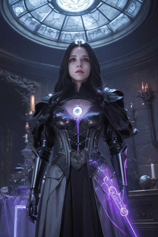 depicts a modern-day witch who has embraced the world of cybernetics to enhance her magical abilities. The artwork should convey the enchanting blend of traditional witchcraft and futuristic technology. Here are some specific elements to include:

The Witch's Lair: The setting should be a cozy yet slightly eerie room, filled with magical books, crystal balls, potion ingredients, and antique furnishings. The room should be dimly lit by candles and a soft, mystical glow emanating from her cybernetic enhancements.

The Cyborg Witch: The central focus of the artwork is the witch herself. She's a striking figure with a mix of traditional witch attire and cybernetic enhancements. Her clothing should have a witchy, occult aesthetic, with flowing robes, a pointed hat, and an intricate pentagram necklace. Her arms, however, have been upgraded with cybernetic components that incorporate magical symbols and glowing runes.

Magical Interface: The witch is in the midst of casting a spell, with a holographic, touch-screen interface floating before her. This interface includes spell incantations, arcane symbols, and digital components, demonstrating her fusion of magic and technology.

Spell Ingredients: On a nearby table, there should be a collection of spell ingredients, like herbs, potions, and magical artifacts. Some of these items may have been modified with cybernetic enhancements, blurring the line between the natural and the technological.

Familiar: The witch's familiar, perhaps a cat or raven, should be present in the scene, serving as her magical companion. The familiar could also have subtle cybernetic enhancements or glowing eyes.

Glowing Runes: The room should be adorned with ancient symbols and glowing runes on the walls and floor, contributing to the magical atmosphere.

Aetherial Lighting: Use a combination of mystical, ethereal lighting and cybernetic glows to create a captivating interplay of light and shadow. The contrast between the tradit