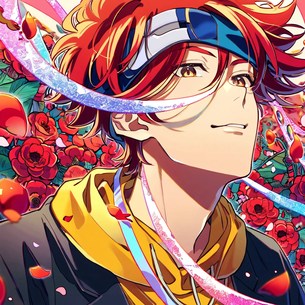 Ultra detailed, Highres, absurdres, HDR, Kyan Reki, red hair, master piece, expressive brown eyes, Sk8 the infinity, blue band, red flowers, red ice, petals, extremely handsome, sexy man, perfect face, solo, very detailed eyes and face, red glass, glittering, patterns, yellow hoddie, black jacket,