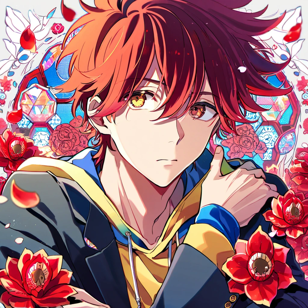 Ultra detailed, Highres, absurdres, HDR, Kyan Reki, red hair, master piece, expressive brown eyes, Sk8 the infinity, blue band, red flowers, red ice, petals, extremely handsome, sexy man, perfect face, solo, very detailed eyes and face, red glass, glittering, patterns, yellow hoddie, black jacket,