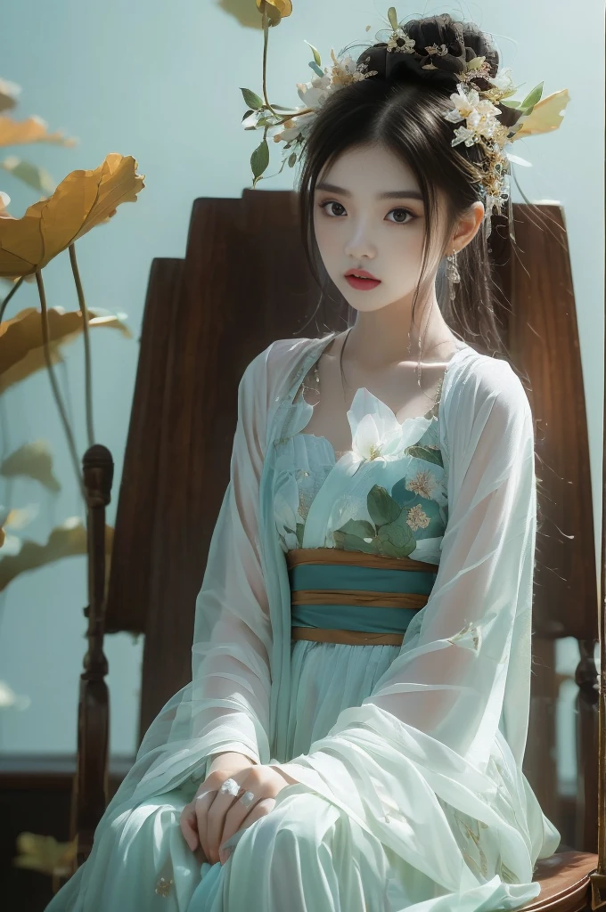 1girl, solo, white Hanfu, circular mural, stone, half body close-up, (sitting on the Grand Tutor's Chair:1.6), autumn theme, indoor, simple background, cinematic feeling, sense of scale and narrative, ethereal scene, peaceful loneliness, stunning contrast and shadow, photography, super reality, bright colors, superlight compensation, depth of field, caustics, 8k, super detail, masterpiece