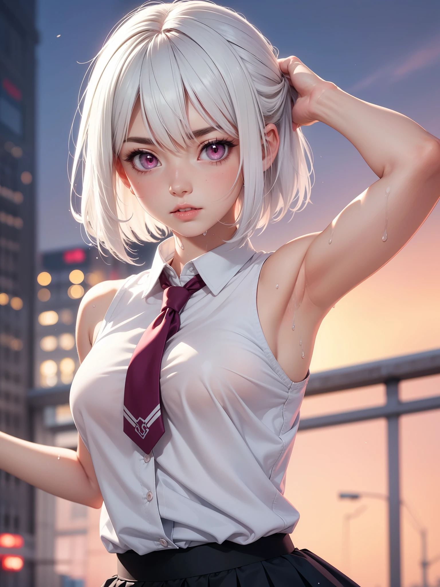 White hair. Short hair. Anime girl. Pink eyes. Glowing eyes. Nekomimi. White clothes. Black skirt. Pink tie. Wet armpit.