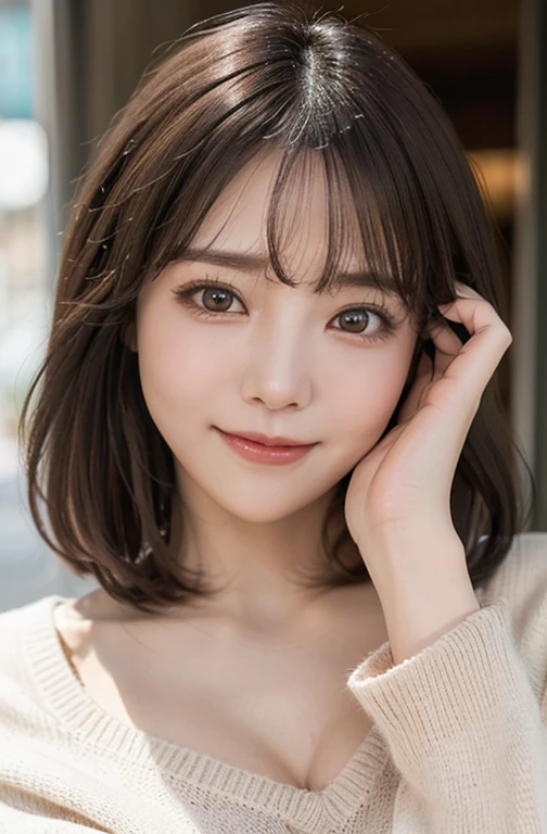 young woman , golden eyes ,smile, color sweater , huge breast ,photo, realistic , (emphasize detailed face:1.2), v-neck, beautiful bangs are covering her eyes
