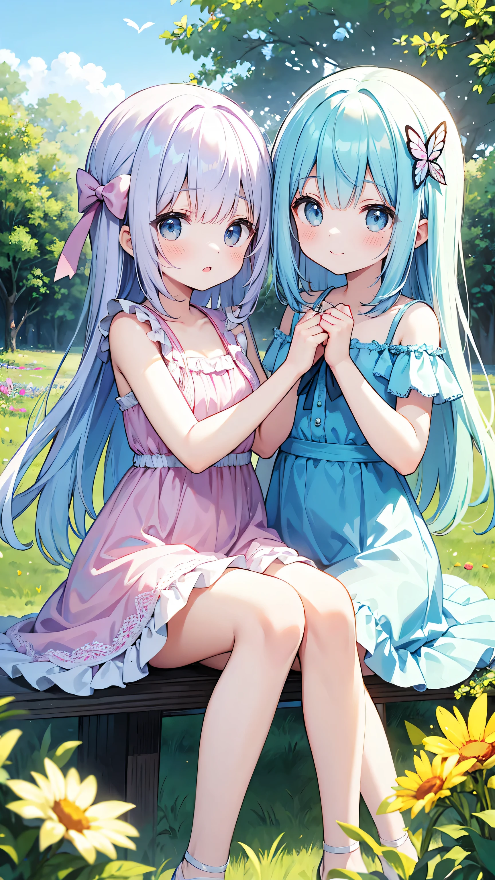 Two pure and innocent girls,、2 people(Pink-haired person、1 Name Light Blue Hair)、Cute face、Beautiful Eyes、White skin、Natural Beauty、Warm sunshine、Wildflowers swaying in the wind々Surrounded by、Enjoying time in the fields。Butterflies and birds flutter around her、Creates a playful atmosphere、Silk one-piece dress、Sit on、