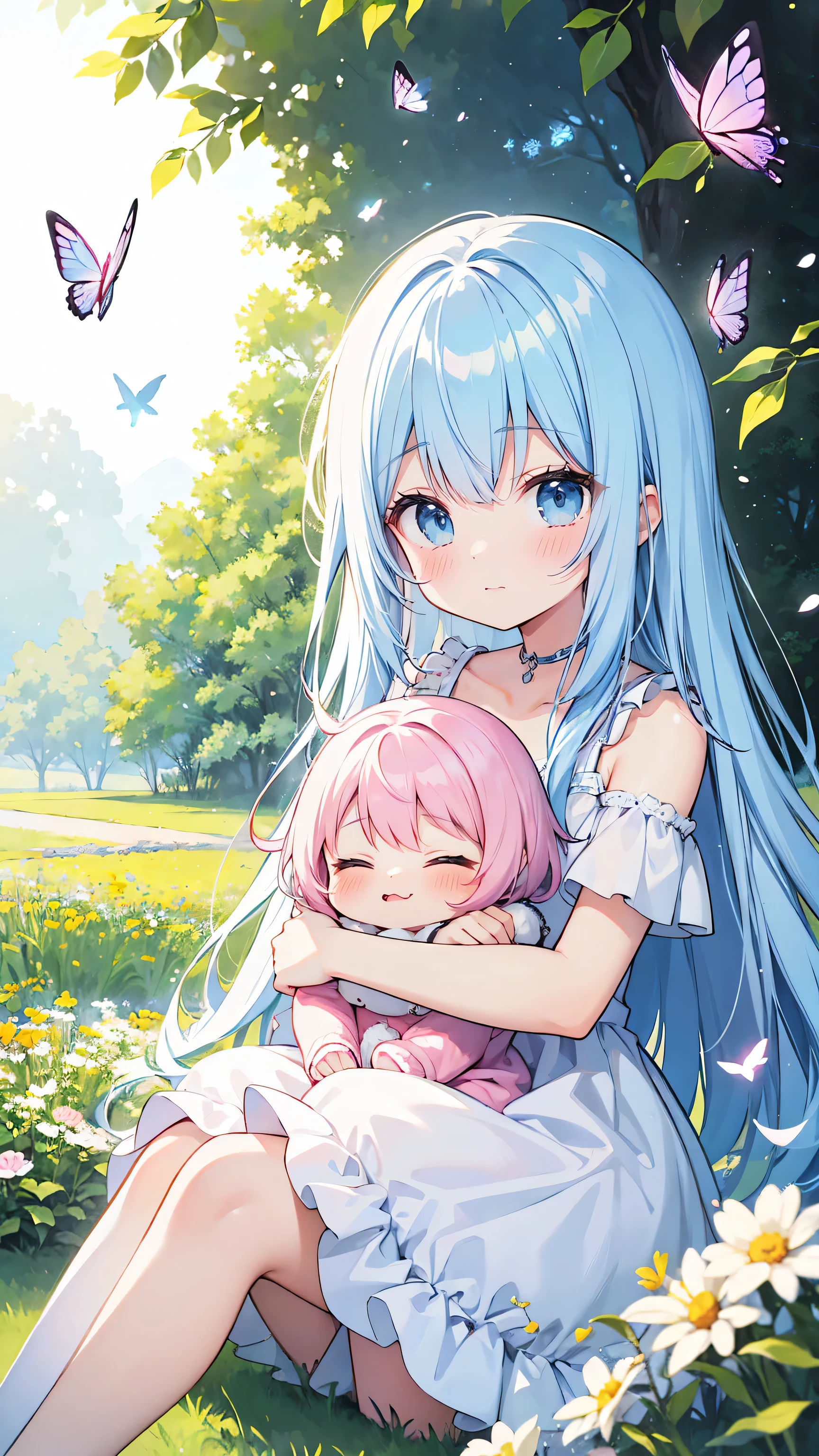 Two pure and innocent girls,、2 people(Pink-haired person、1 Name Light Blue Hair)、Cute face、Beautiful Eyes、White skin、Natural Beauty、Warm sunshine、Wildflowers swaying in the wind々Surrounded by、Enjoying time in the fields。Butterflies birds flutter around her、Creates a playful atmosphere、Silk one-piece dress、Sit on、