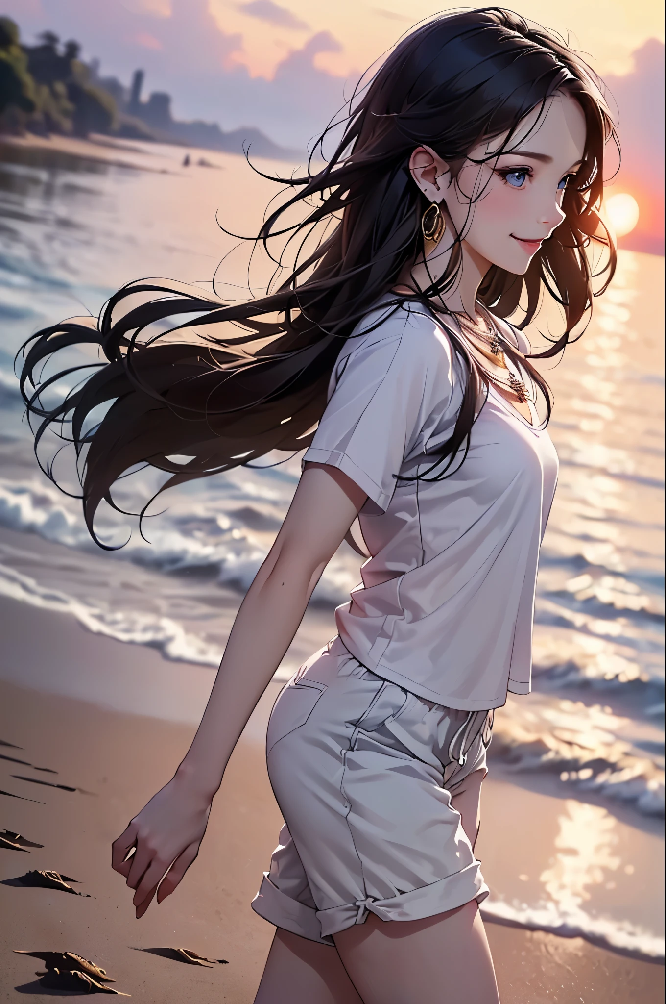 ((Biologically correct limb count))、((Full Body Shot, Full-body photo including face))、4K、masterpiece、((Focus on the face))、((Symmetrical facial features))、Eyes of meticulous depiction、Beautiful woman、Excellent style、Beautiful feet、(High heels）、Facial detailing、Small earrings、necklace、((Close-up photo of the upper body))、(Upper body T-shirt、Shorts）、With the sunset over the sea as a backdrop、A big smile、Scene of walking on the beach、profile、