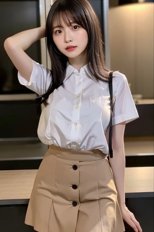 (highest quality, 4K, 8k, High resolution, Tabletop:1.2), Black Hair、Beaver、Her breasts are beautiful and large。study。Pressing her big tits against the desk。Dress code: A loose-fitting short-sleeved shirt.。Open some buttons。uniform、skirt、Unbelievably big